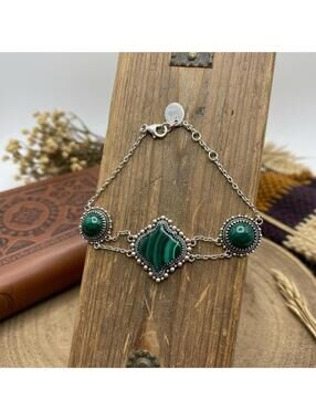 Genuine Malachite Ornament Bracelet | Sterling Silver .925 | 6–8” | Retail $249